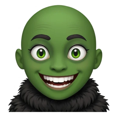 A bald person with green sclera and green teeth, grinning widely. Has fluffy black neck fur, with a fluffy black body sticker