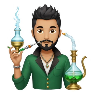 Brass hookah with green design on a glass water base on the top; with two smoke pipes where people are holding them and smoking - one white guy with spikes (silver and black hair) and another Tamil handsome with little beard Indian guy sticker