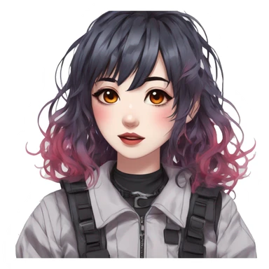 Gorgeous pastel bright iridescent techwear anime style lady with blushing face aesthetic and pretty edgy black red white punk messy hair with collar and harness trending style sticker