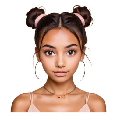 "A young woman with a confident and friendly expression, standing against a warm beige background. She has dark brown hair styled in two messy buns, with a few loose strands framing her face. Her eyebrows are well-defined, and she has deep brown eyes with a slight sparkle. She wears a soft pinkish-nude lipstick and has a small nose ring on her left nostril. Her complexion is smooth, with a natural glow. She is dressed in a high-neck, sheer beige top that subtly reveals her skin tone underneath. She also wears a pair of minimalist, gold-toned suspenders that complement her neutral aesthetic. The overall look conveys modern elegance and a casual yet stylish vibe." sticker