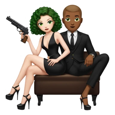 Sensual woman green eyes woman only brown long curly hair evil,with 7 inch platform stripper high heels long low cut black dress,and a gun, she is sitting on a buzz cut hair brown man's pimp lap, holdingwomans butt man is wearing a black suit sticker