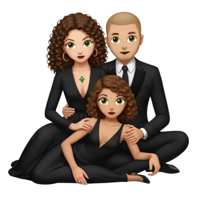 Sensual woman green eyes brown long curly hair evil occult,with 7 inch platform stripper high heels long low cut black dress, holding a tan man, sitting on a buzz cut hair brownman’s pimp lap, holdingwomans butt man is wearing a black suit sticker