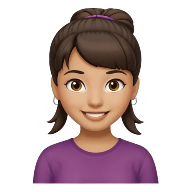 In Apple Memoji format, a girl with dark brown hair. She has bangs and her hair is in a singular high bun. The girl is arab and has light brown skin. She is wearing a brown shirt. She is smiling but is not showing her teeth.  sticker