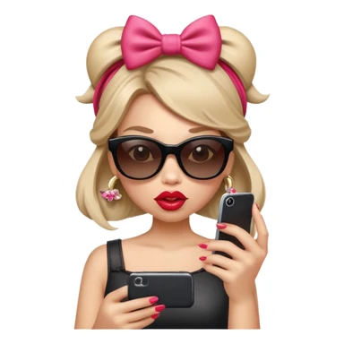 Girl with huge lips, sunglasses, bow on her hair, holding a phone with attitude sticker