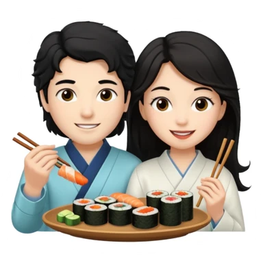 czarnowłosa ksieżniczka w dlugich wlosach je sushi z chłopakiem o czarno brązowych kręconych włosach i są zadowoleni i są nastolatkami i te włosy są lekko krecone i chłopak ma włosy do wysokosi nad brwiami sticker