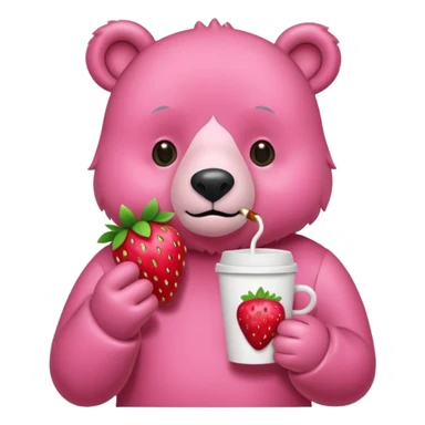 A pink bear is holding a strawberry and drinking coffee with a transparent background in a teenager hand-drawn style. sticker