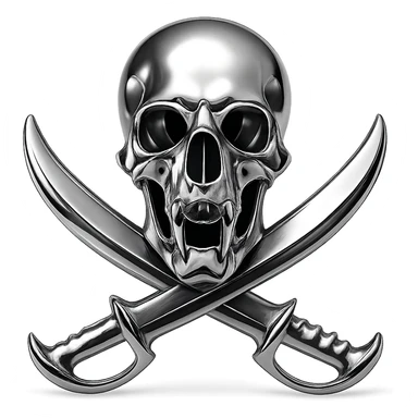 Update the flag so the emblem is a close match to the provided skull and crossed bones: a realistic animal skull with open mouth and two curved bones crossing behind it, rendered in chrome. Keep the chrome ship details and close-up view. sticker