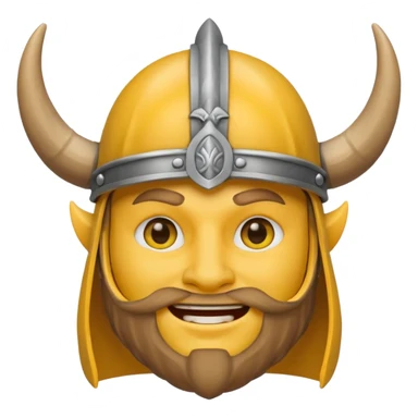 Viking emoji in Messenger style, yellow face, simple eyes, smiling, horned helmet sticker
