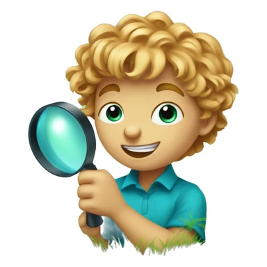 Little boy with blue/turquoise eyes, no glasses, and strawberryblonde slighty wavy hair crouching down low in a lot of green grass. He is holding a magnifying glass, closely examining nature and looking happy/curious sticker