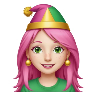 Create a girl with long pink hair and green eyes with long eyelashes and a smiley face. She has freckles in her face and a lit of bit of pink lipstick on her mouth, she’s also got gold birthday party hat on her head with gold pom poms on top of it, and her T-shirt is all red sticker