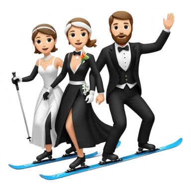 a couple skiing, man with a beard in a tux and woman in a wedding dress on their skiis going down a slope sticker