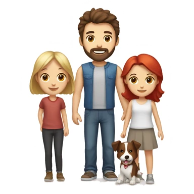 Family formed by a White man with short dark brown hair and beard and a White woman with long brown hair and a boy with blonde hair and a red and white border collie dog sticker