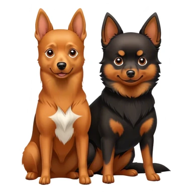 Doberman Pinscher and Pomeranian Spitz standing side by side. The Doberman has a sleek black and tan coat with alert ears, while the Pomeranian has a fluffy orange coat and a joyful expression. Beautiful natural background, with a clear blue sky and green grass. Transparent background. sticker