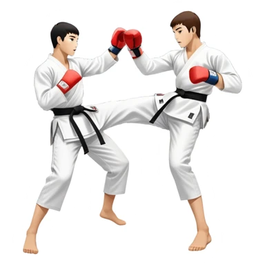 Two taekwondo fighters in traditional white doboks with black belts compete in a dynamic match. One delivers a high kick, while the other blocks using their knee. The background features a professional arena with bright lights and spectators. Transparent background. sticker