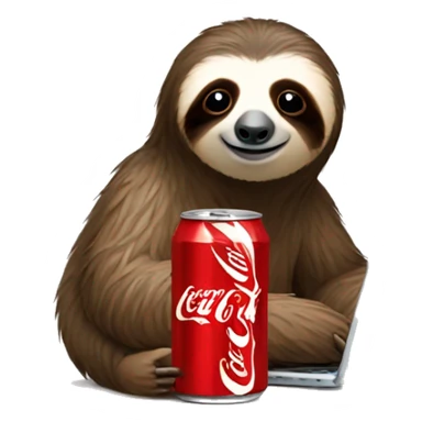 tired sloth with coca cola can and laptop sticker