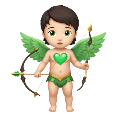 cupid asian baby flying full body with wings with brown eyes and dark hair handled bow and arrow directed to green heart and looking to heart sticker