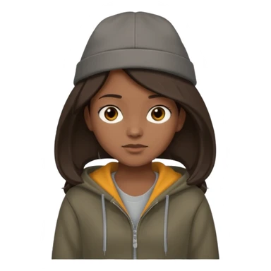Hobo tomboy with shoulder-length center-parted dark brown hair. brown eyes, dark dull brown hoodie, grey shirt. Flat crown bolero hat sticker