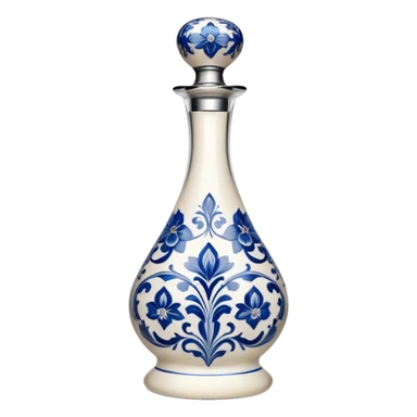 A sleek, tall, and elegant white bottle with intricate blue floral patterns, a curvy hourglass shape, and a reflective silver cap, reminiscent of fine ceramic craftsmanship and luxury tequila sticker