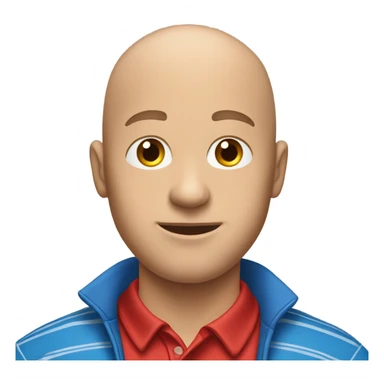 Bald man wearing red polo tee with blue stripes in the middle, with his right hand up and his left hand down sticker