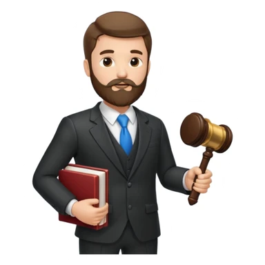 Create a male lawyer. he is wearing a fromal suit jckeret. He is holding a gavel in one hand and a book tucked under his another arm. He has beard  sticker