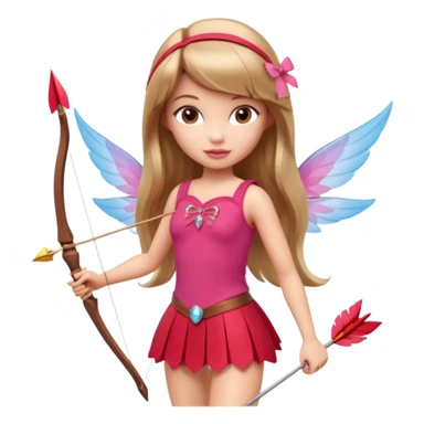 Hada sexy cupido pequeña  de cabello largo lacio castaño claro con flequillo y ojos cafés  vestida de top y falda roja y con arco y flechas cabello lacio labios rosas tipo Barbie pero en hada cupido sticker