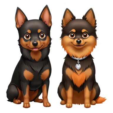 Doberman Pinscher and Pomeranian Spitz standing side by side. The Doberman has a sleek black and tan coat with alert ears, while the Pomeranian has a fluffy orange coat and a joyful expression. Beautiful natural background, with a clear blue sky and green grass. Transparent background. sticker