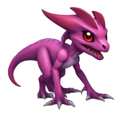 Chibi-Anthro Mauve-maroon-red-colored edgy anthro-genesect-velociraptor-scalie-sona-Fakémon-hybrid with a purple-pink mane on head and back and horns full body sticker