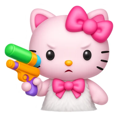 Replace the pistol with a bright water gun, keep the Hello Kitty character in emoji style, no background. sticker