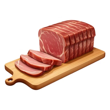 Create an emoji-style illustration of salo (Ukrainian pork fat) in the style of Apple iOS emojis.
The salo should be sliced, slightly glossy, with visible layers of fat and meat. Include a few slices on a wooden cutting board, optionally with garlic or green onion.
Style should match iPhone emoji aesthetics — clean, slightly 3D, soft gradients, no outlines.
Transparent background. High resolution. PNG format. sticker