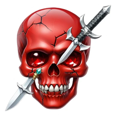 make me a red crystal skull partly see thew super gem like make it realistic and held together by a black bow and a small dagger to the eye with cracks coming from it have the bow be loosely tied around the skull holding it together make the blade super realistic  sticker