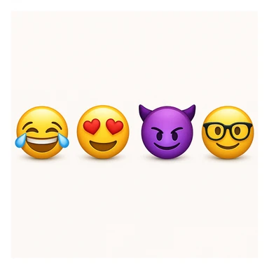 make four emojis on white background with good amount of shadow, four emojis of smiley's only. one laughing, second heart eyes, third purple devil and four black glasses emojis  sticker