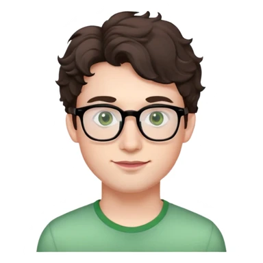 Young man with dark brown slightly wavy poofy hair (just a bit of curl, not too curly), green eyes wearing glasses, wide face with eyes set apart, bigger ears, very pale skin, slightly bigger nose, fuller darker pink lips with a smile, and very light stubble sticker