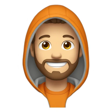 white dude smiling with a brown beard and short brown hair with an orange hooded hoodie sticker