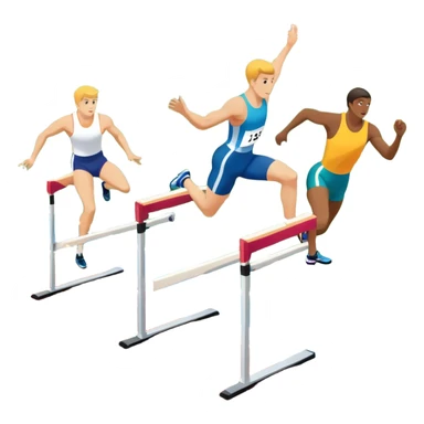 A collage of track and field equipment: a starting block, javelin, hurdle, discus, and high jump bar, symbolizing various disciplines. The background features a vibrant stadium with a running track, field events area, and cheering crowds.  sticker
