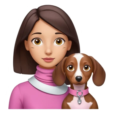 a brunette girl, olive skin, hazel eyes, pink top, neck brace on her neck, piebald dachshund next to her sticker