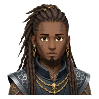 A dark-skinned figure with hollow cheekbones, a sharp jawline, and intense dark brown eyes. His hair is a mess of 7-inch-long dreadlocks, with a fresh hairline and low taper. His body is covered in intricate tattoos, and he wears an armor vest. Gold earrings adorn his ears, and his  sticker