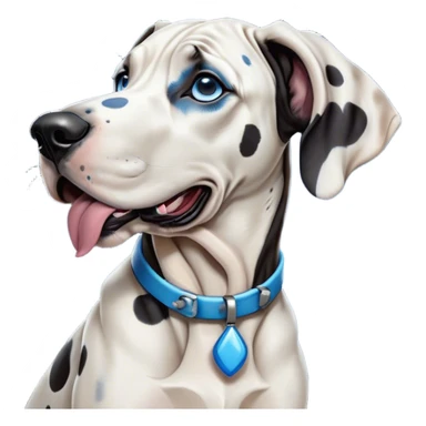 Cinematic Cute Yawning Harlequin Great Dane Portrait Emoji, Head tilted slightly with a dramatic, wide-open yawn, showcasing a smooth coat of predominantly white with bold black patches, floppy ears slightly drooping, round blue eyes barely open in drowsy contentment, Simplified yet irresistibly adorable features, highly detailed, glowing with a soft, cozy glow, high shine, relaxed yet expressive, stylized with a touch of whimsy, bright and endearing, soft glowing outline, capturing the essence of a sleepy yet affectionate guardian, so drowsy it feels like it could stretch out of the screen and curl up for a nap! sticker