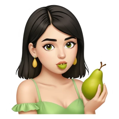 Dua Lipa in a light green dress eating a pear sticker