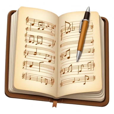 Create an emoji representing songwriting. The design should feature an open notebook or sheet music with visible lyrics and musical notes, symbolizing the process of writing song lyrics. A single pen or pencil should be placed near the notebook, indicating active writing. Use a harmonious color palette with warm and neutral tones. Do not include any emojis or smiley faces. Make the background transparent. sticker