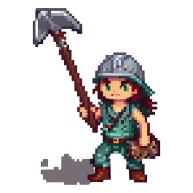 Old School RuneScape inspired pixel art emote of a character performing a mining skill animation, holding a pickaxe and striking a rock, in the iconic RuneScape style sticker