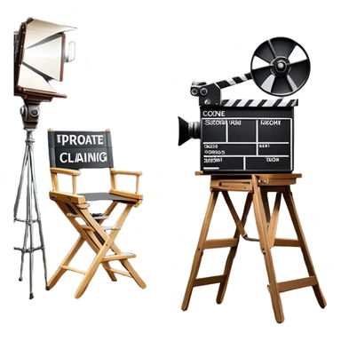 Icon for Directing: a director's chair, a film clapperboard, large movie camera and a stage with a spotlight. The icon should represent the creative and organizational aspects of directing, with focus on storytelling, staging, and performance. Transparent background. sticker