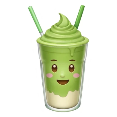 Emoji glossy 3D de un vaso de matcha latte, vaso de vidrio transparente con matcha espumoso verde pastel, capas suaves de leche y matcha, brillo intenso tipo sticker, sombras delicadas, fondo transparente, estilo cute moderno, alta calidad sticker