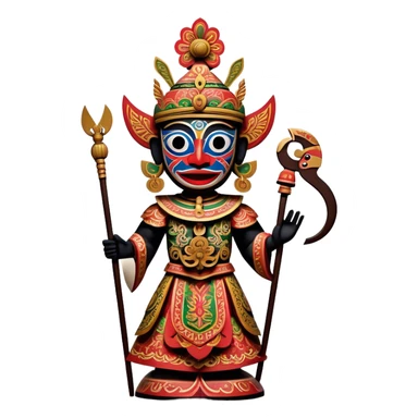 Golek Ayun-ayun – Cinematic Realistic Wayang Golek Ayun-ayun, depicted as an intricately carved traditional wooden puppet with vibrant painted details and expressive features, set on a dimly lit stage with dramatic shadows that evoke centuries of Indonesian theatrical heritage, rendered with lifelike textures and subtle ambient glow. sticker