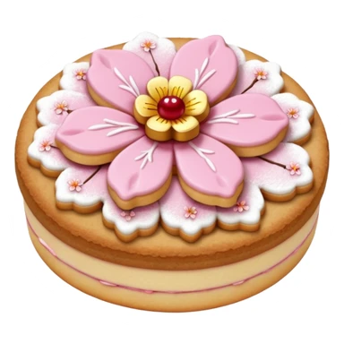 Realistic shortbread cookie in the shape of a cherry blossom with pale pink color jelly middle filling and sprinkled powder sugar on top. sticker