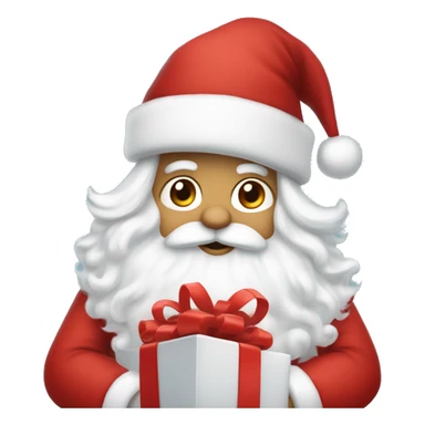 “An adorable full-body Santa in a red suit, fluffy white beard, rosy cheeks, big eyes, and a red hat with a white pom-pom, holding a small gift.” sticker