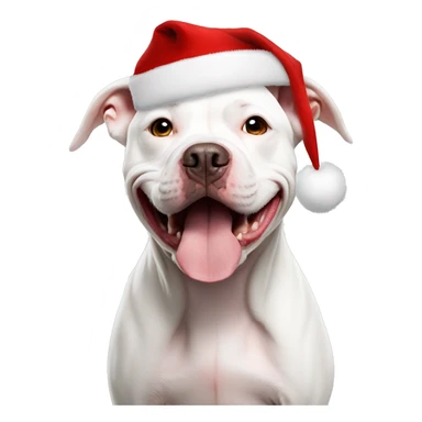 White pitbull dog wearing a Santa hat sticker
