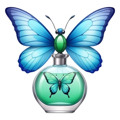 A glass perfume bottle with a soft blue ribbon tied around its neck, with a green and blue butterfly nearby. sticker