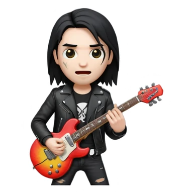 3D Apple-style emoji of a metal musician holding an electric guitar with a bold "ROCK" sign above. Long hair, black leather jacket, ripped jeans, intense expression. Rounded, glossy, smooth, soft shadows, white background.











 sticker