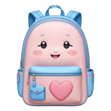 Cute Kawaii Backpack, round and chubby, soft pastel pink and blue, tiny heart-shaped zippers, blushing cheeks, a tiny smiling face, a happy school-time companion! sticker
