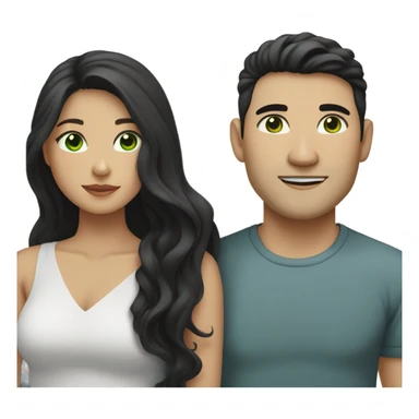 Light skin vietnamese man with straight black undercut hair and a white brunette woman with green eyes and long wavy hair tightly hugging each other  sticker